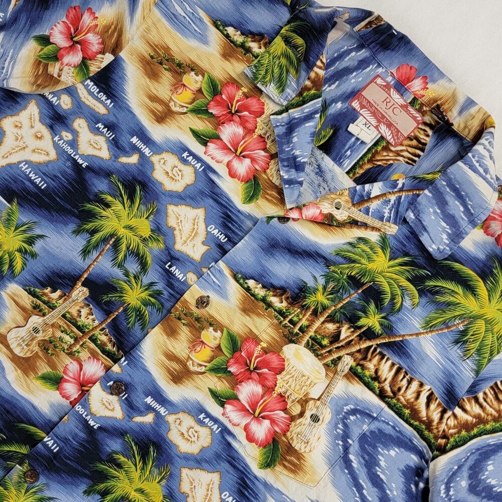 RJC Mens Button-Up Camp Shirt XL Hawaiian Floral Islands Short Sleeve Vintage